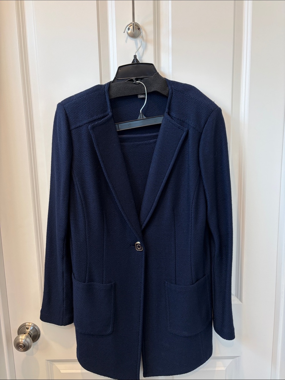 St. John Collection Navy Textured Suit. Single-Button Blazer and skirt.